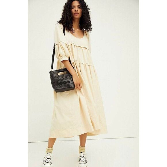 NWT FREE PEOPLE Sz S SYD POPLIN TIERED MIDI DRESS IN NATURAL - Picture 1 of 2